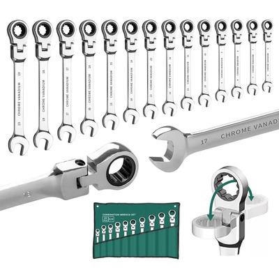 Juego de llaves de trinquete de cabeza flexible de 14 piezas, juego de llaves de trinquete de acero cromado vanadio de 6 a 19 mm, Combinadas de Trinquete Métricas para Auto, Moto Reparando | Envío gratis
