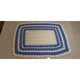 Tapete Crochê Artesanal Grande 93x69 Branco/azul- 2 Peças 