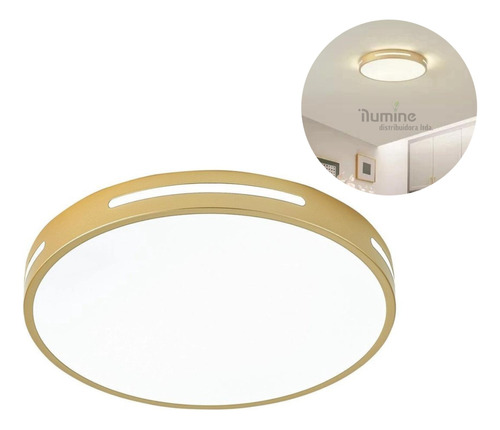 Luminária Plafon Redondo Sobrepor 25w Dourado Led 3em1 40cm