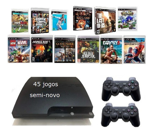 Ps3 Slim+ 45 Jogos + 2 Controles Gta5, Fifa, Minecraft, Mortalkombat