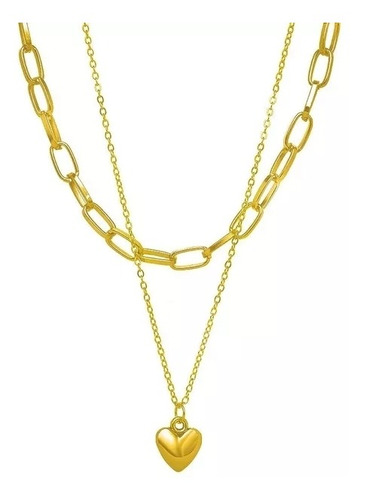 Collar Dorado Doble: Cadena Gruesa Y Delgada Con Corazón