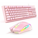 Kit Teclado Mecânico + Mouse Gamer Com Led Rosa Knup