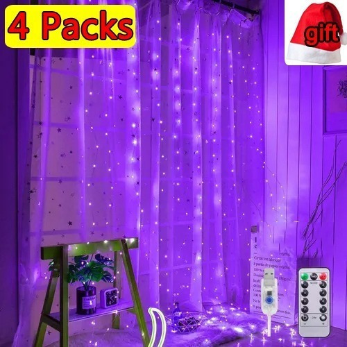 4 Paquetes De Cortinas De Luces De Cadena Moradas Decoración