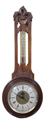 Reloj Antiguo De Pared Madera Con Termómetro Funcionando