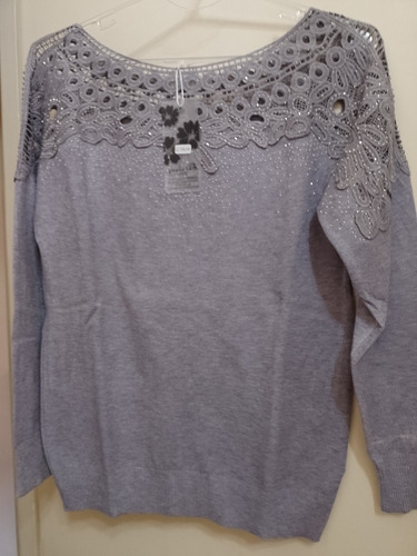 Sweters Gris Mujer L Xl Nuevo Stras Y Encaje 