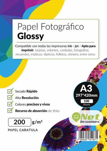 Papel Fotográfico Glossy A3 200gr Pack 100 Hojas