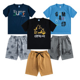 3 Conjunto Camisa Estamp E Bermuda Short Liso Menino Juvenil