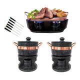 Churrasqueira Fondue Pedra Sabão + 2 Fondue 500ml + 6 Garfos