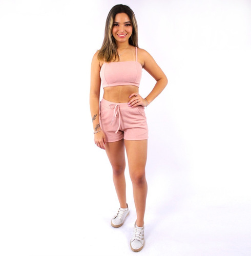 Conjunto Feminino No Lurex Brilhoso, 2 Peças Short E Cropped