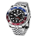 Relógio Automático Submariner Diver 100m Pagani Design 1662 Correia Jubilee Bisel Azul/vermelho Fundo Preto