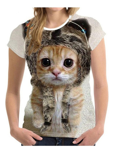 Playera Casual Con Estampado De Gato 3d Para Mujer De Manga