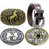 Cinto Couro + 4 Fivela Cowboy Masculino Rodeo Cavalo - Top! 