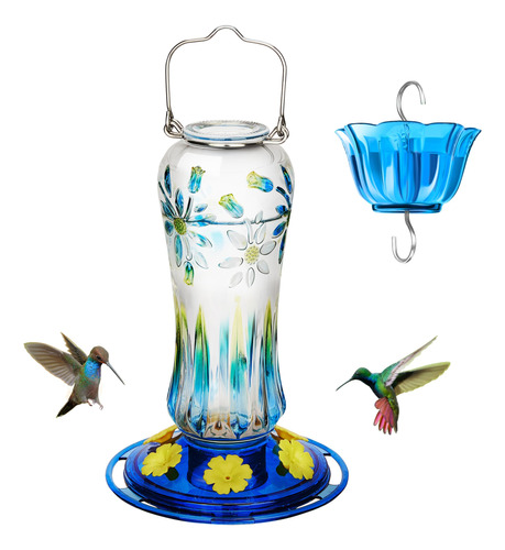 Bebedero Colibri Hecho A Mano De Vidrio Azul 700ml