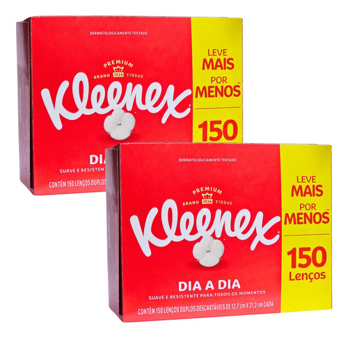 Kit 2 Caixas De Lenço De Papel Kleenex C/ 150 Lenços Suave