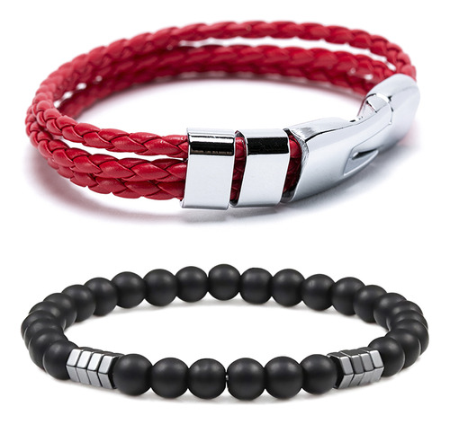 Pack 2 Pulseras De Cuero Hombre Rojo Y Pulsera Piedras Onix