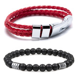 Pack 2 Pulseras De Cuero Hombre Rojo Y Pulsera Piedras Onix