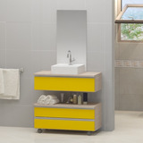 Gabinete Banheiro Creta 60 + Cuba + Espelho - Pux. Alumínio Cor Do Móvel Madeirado / Amarelo