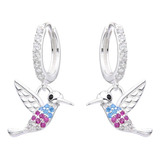 Aros Aritos Argollas Con Dije Colibri Multicolor Plata 925