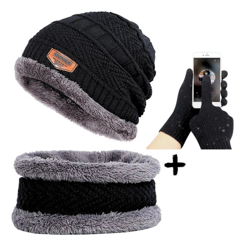 Kit Touca + Cachecol + Luva Touch Screen Inverno Frio Adulto