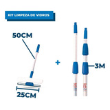 Kit Limpa Vidros Com Rodo 25cm E Extensor 3m + Cabo 50cm