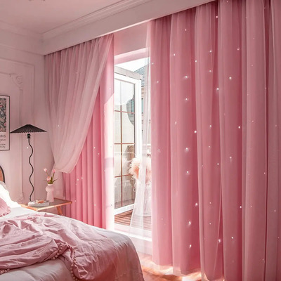 1pc Cortina Estrellas Blackout Opaca 132x160cm Cuarto Sala Rosa