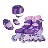 Patins In-line Roxo Ajustável Numeração 30 A 33 Kit Proteção