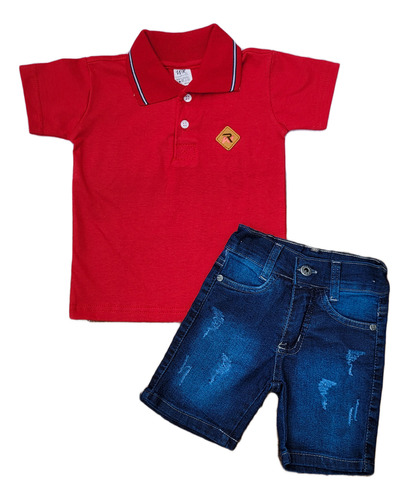 Conjunto Masculino Infantil Camisa Polo Bermuda Jeans Lycra