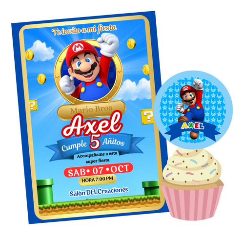 Invitación Digital De Mario Bros Con Etiqueta Circular  