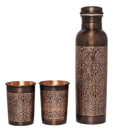 Kit Botella Y 2 Vasos Cobre Relieve Vintage Floral