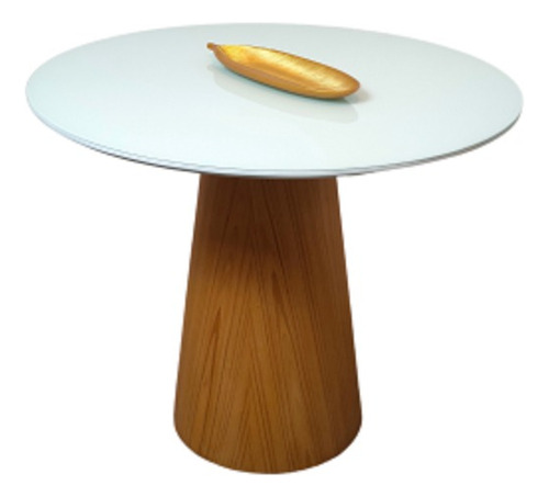 Mesa De Jantar Cone 120cm Tampo Laca + Vidro Base Madeira