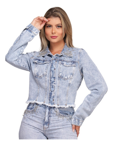 Jaqueta Jeans Feminina Pérola Strass Botão Marmorizada