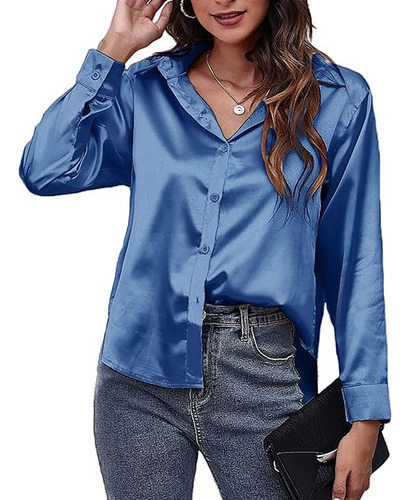 Blusa Elegante Manga Larga En Satín Con Cuello Tipo Camisa