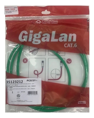 Patch Cord Cat6 1,5m U/utp Gigalan Furukawa Cor Verde