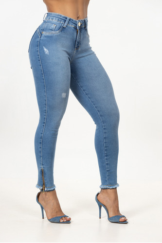 Calça Feminina Jeans C/ Ziper Na Barra Modelo Estilo Pitbull