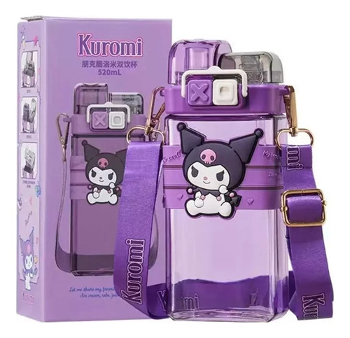 Botella Para Agua Sanrio Kuromi De 520ml Portátil Con Cinta 