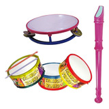Kit 3 Brinquedos Musical Tamborzinho Flauta Pandeiro Criança