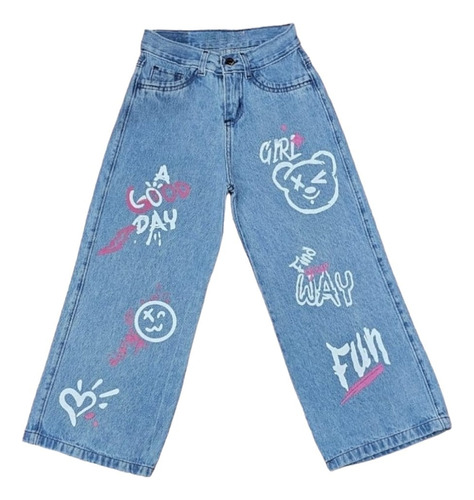 Jeans De Nena Wide Leg - Graffiti Osito Fun