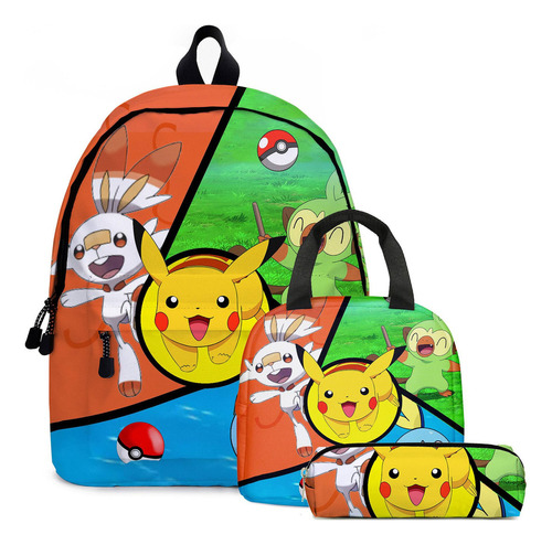 3pcs Pokémon Pikachu Mochila Escolar Lonchera Bolsa De Lápic