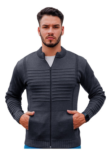 Blusa De Frio Suéter Masculino Lã Tricot Com Bolso E Zíper 