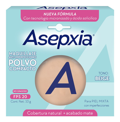 Asepxia Maquillaje Polvo Compacto Beige Mediano 10 Gr