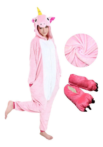 Combo Pijama E Pantufa Kigurumi Cosplay Pelúcia Conforto