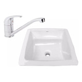 Lavabo Moderno Cuadrado Blanco + Grifo De Acero Inoxidable