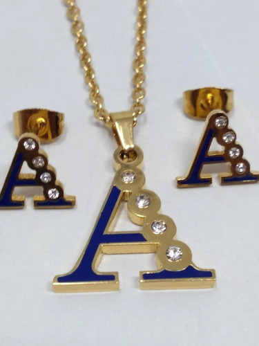 Bisuteria Letra Kit Cadena Dije Aretes Acero Inox Abc Colore