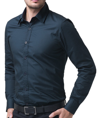 Camisa Lisa Manga Larga Para Hombre Casual Slim Fit Stretch