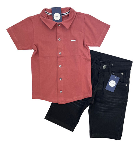 Conjunto Social Camisa Botão Infantil +bermuda Caqui Juvenil