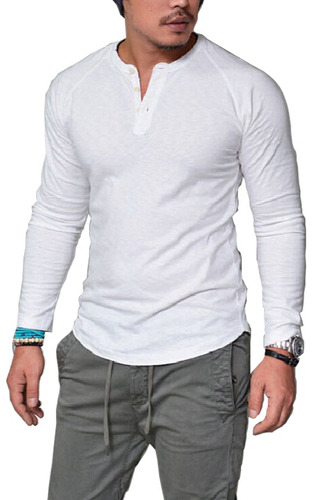 Playera Hombre Cuello Henley Casual Cómoda Manga Larga 