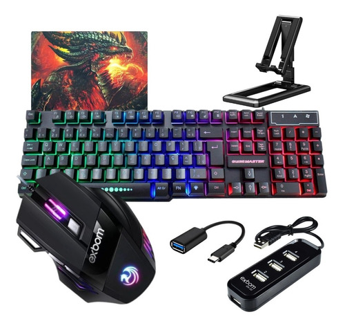 Kit Gamer Mobilador Teclado Mouse 7 P/ Celular Botões C/ Led