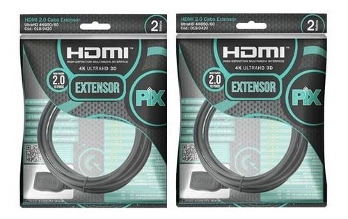 02 Cabos Extensor Hdmi 2 Metros 2.0 - 4k - Fêmea X Macho Top