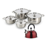 Pack Batería Ollas Cocina 8 Acero Inox + Tetera Roja - Wens