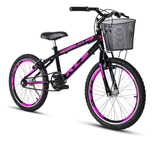 Bicicleta Aro 20 Menina Preto Pink Infantil Cestinha E Aero